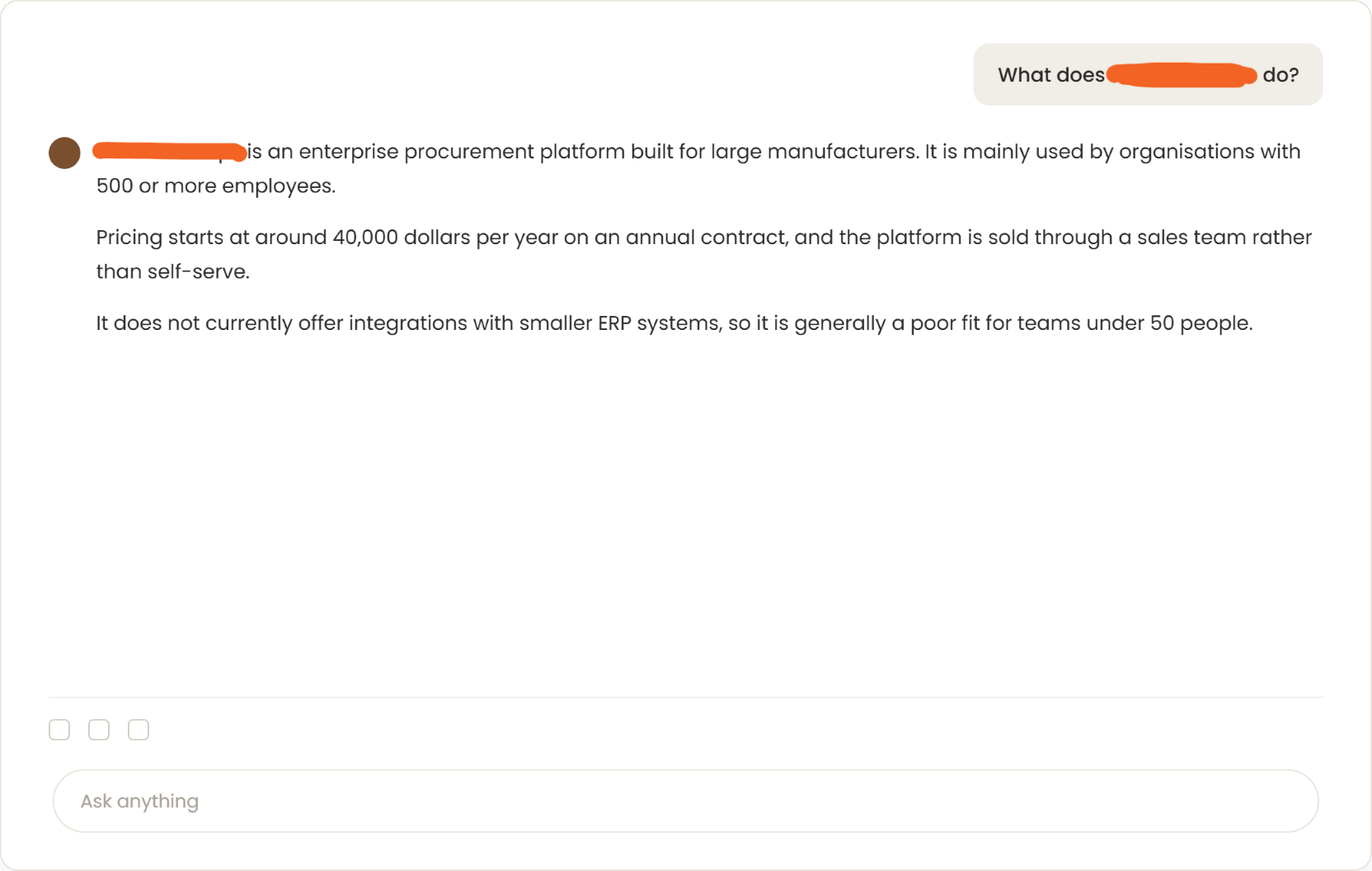Screenshot of an AI chat interface answering a question about a company, with one sentence in the answer marked wrong